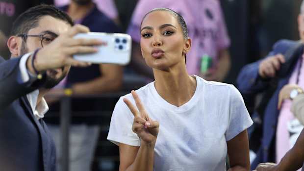 Jul 21, 2023; Fort Lauderdale, FL, USA; Kim Kardashian poses for a selfie before the match between Inter Miami CF and Cruz Azul at DRV PNK Stadium.