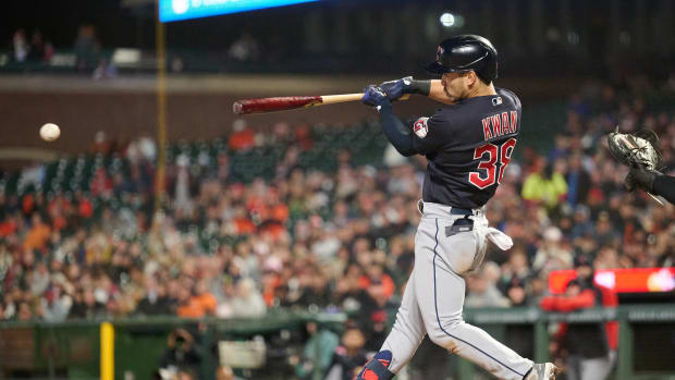 Sep 11, 2023; San Francisco, California, USA; Cleveland Guardians outfielder Steven Kwan (38) hits a RBI single against the San Francisco Giants during the seventh inning at Oracle Park.