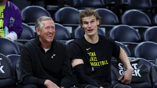 Mar 15, 2024; Salt Lake City, Utah, USA; Utah Jazz forward Lauri Markkanen (23) speaks with shooting coach Jeff Hornacek before the game against the Atlanta Hawks at Delta Center. Mandatory Credit: Rob Gray-USA TODAY Sports