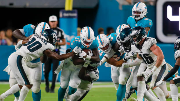 Aug 27, 2022; Miami Gardens, Florida, USA; Miami Dolphins running back ZaQuandre White (47) runs with the football during the fourth quarter against the Philadelphia Eagles at Hard Rock Stadium. Mandatory Credit: Sam Navarro-USA TODAY Sports