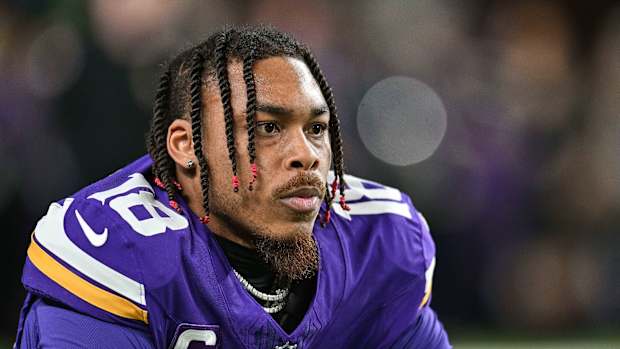 Dec 31, 2023; Minneapolis, Minnesota, USA; Minnesota Vikings wide receiver Justin Jefferson (18) warms up before the game against the Green Bay Packers at U.S. Bank Stadium.
