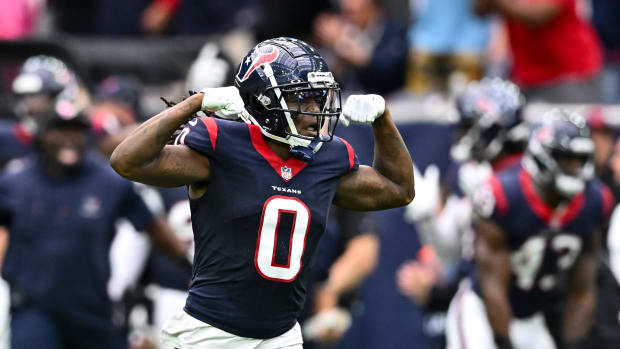 Oct 15, 2023; Houston, Texas, USA; Houston Texans cornerback Shaquill Griffin (0) reacts during the fourth quarter against the New Orleans Saints at NRG Stadium.
