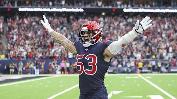 Nov 19, 2023; Houston, Texas, USA; Houston Texans linebacker Blake Cashman (53) reacts after a play during the fourth quarter against the Arizona Cardinals at NRG Stadium.