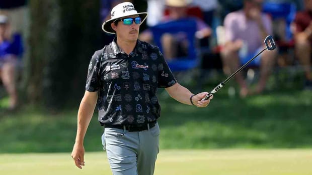 Joel Dahmen reacts during the second round of the 2024 Players Championship on the Stadium Course at TPC Sawgrass in Ponte Vedra Beach, Fla.