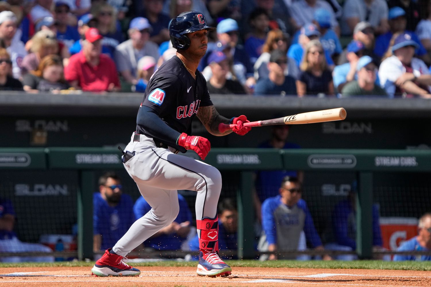 Mar 3, 2024; Mesa, Arizona, USA; Cleveland Guardians shortstop Brayan Rocchio (4) hits against the Chicago Cubs in the first inning at Sloan Park.
