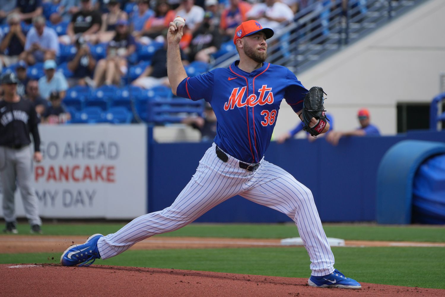 Mar 5, 2024; Port St. Lucie, Florida, USA; New York Mets starting pitcher Tylor Megill (38) pitches against the New York Yankees in the first inning at Clover Park.