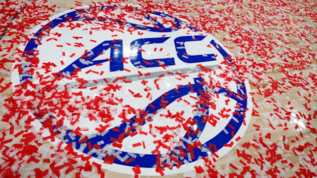 Confetti lays on the basketball floor after the North Carolina State Wolfpack defeat the North Carolina Tar Heels for the ACC Conference Championship at Capital One Arena in Washington, D.C., on March 16, 2024.