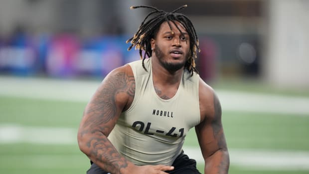 Mar 3, 2024; Indianapolis, IN, USA; Alabama offensive lineman J C Latham (OL41) during the 2024 NFL Combine at Lucas Oil Stadium. Mandatory Credit: Kirby Lee-USA TODAY Sports  