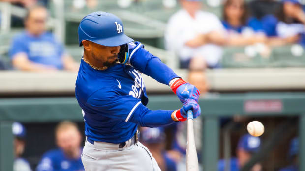 Feb 26, 2024; Salt River Pima-Maricopa, Arizona, USA; Los Angeles Dodgers infielder Mookie Betts against the Colorado Rockies during a spring training game at Salt River Fields at Talking Stick.