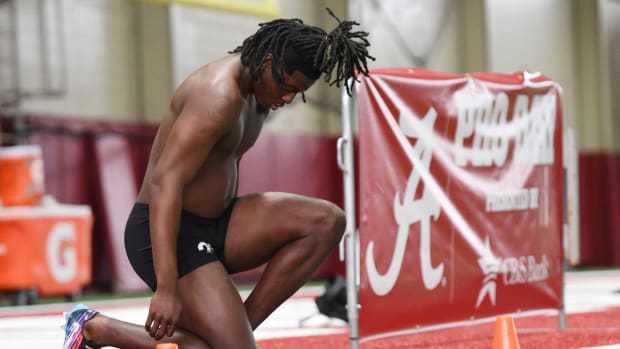 Mar 20, 2024; Tuscaloosa, Alabama, USA; Alabama defensive back Kool-Aid McKinstry prepares himself for the 40 yard dash at the Hank Crisp Indoor Practice Facility during the University of Alabama’s Pro Day.  