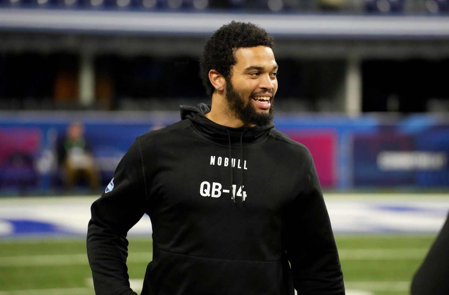 Mar 2, 2024; Indianapolis, IN, USA; Southern California quarterback Caleb Williams (QB14) during the 2024 NFL Combine at Lucas Oil Stadium. Mandatory Credit: Kirby Lee-USA TODAY Sports