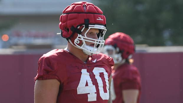 Razorbacks defensive lineman Landon Jackson during Friday morning's practice on the outdoor fields