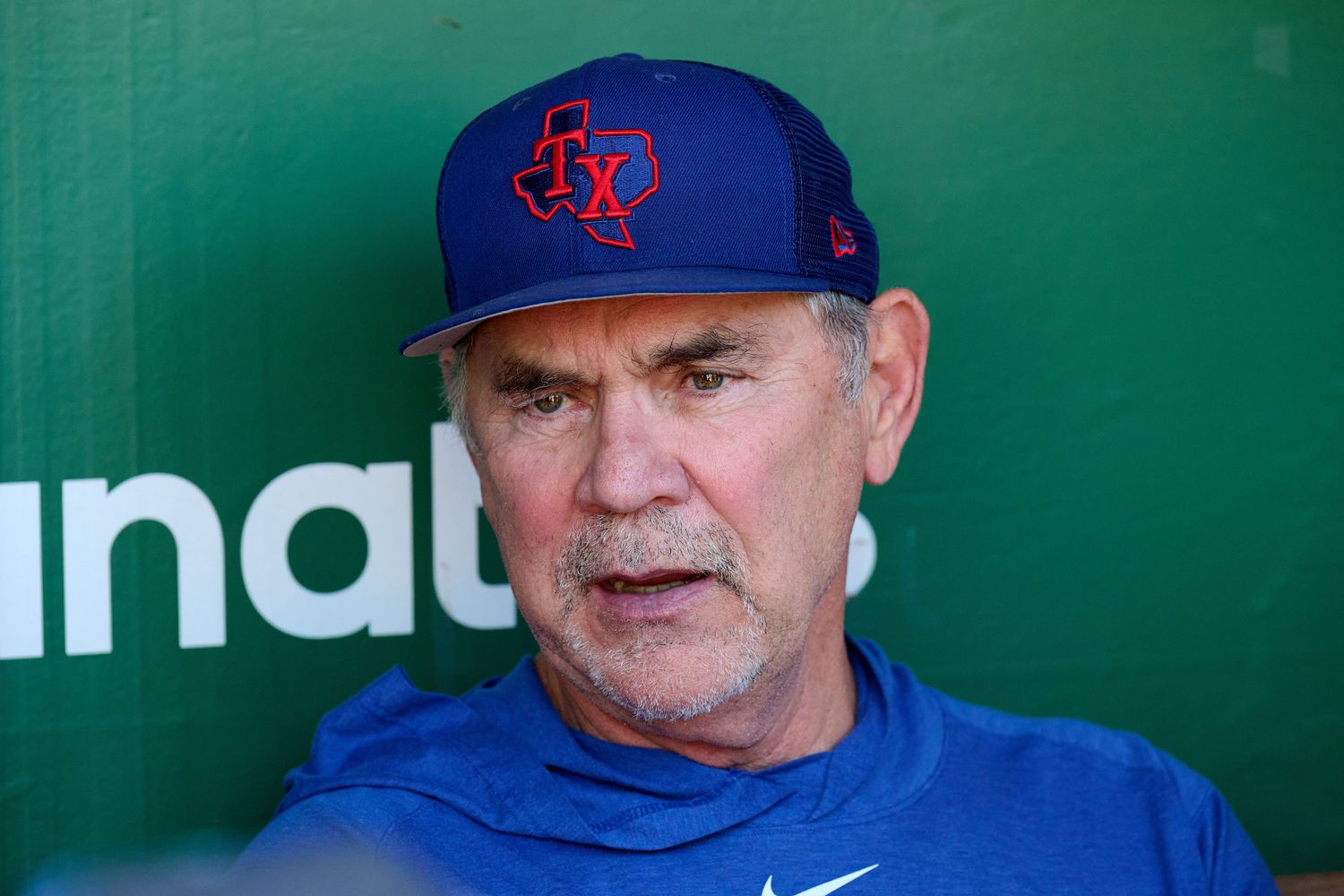 Texas Rangers manager Bruce Bochy talks with the media in the dugout before a game against the Oakland Athletics at Oakland-Alameda County Coliseum. (2023)