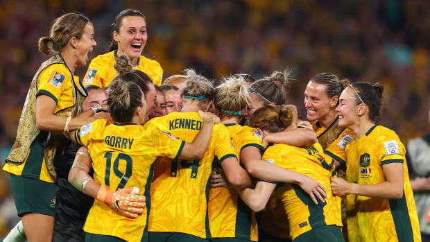 FIFA Women s World Cup 2023 Quarter-Final Australia Women v France Women Cortnee Vine 5 of Australia celebrates scoring the winning penally to win the FIFA Women s World Cup 2023 Quarter-Final match Australia Women vs France Women at Suncorp Stadium, Brisbane, Australia, 12th August 2023