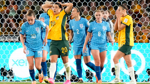 Australia's Sam Kerr reacts after a missed chance against England