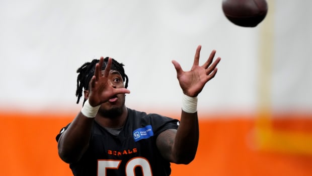 May 12, 2023; Cincinnati, Ohio, USA; Shaka Heyward participates in drills during Cincinnati Bengals rookie mini camp inside the Bengals indoor practice bubble. Mandatory Credit: