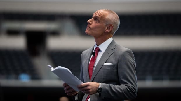 Big 12 Commissioner Brett Yormark watches a new promotional video during the first day of Big 12 Media Days in AT&T Stadium in Arlington, Texas, July 12, 2023.