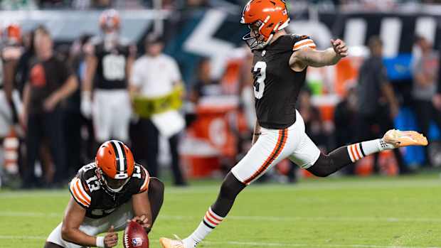 Aug 17, 2023; Philadelphia, Pennsylvania, USA; Cleveland Browns punter Corey Bojorquez (13) holds the ball as place kicker Cade York (3) kicks a field goal during the second quarter against the Philadelphia Eagles at Lincoln Financial Field. Mandatory Credit: Bill Streicher-USA TODAY Sports