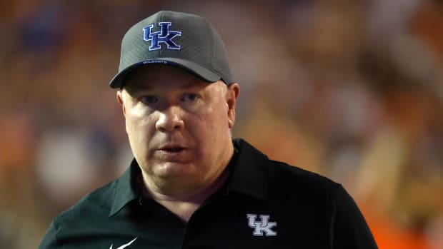 Sep 10, 2022; Gainesville, Florida, USA; Kentucky Wildcats head coach Mark Stoops looks on during the second half against the Florida Gators at Ben Hill Griffin Stadium. Mandatory Credit: Kim Klement-USA TODAY Sports