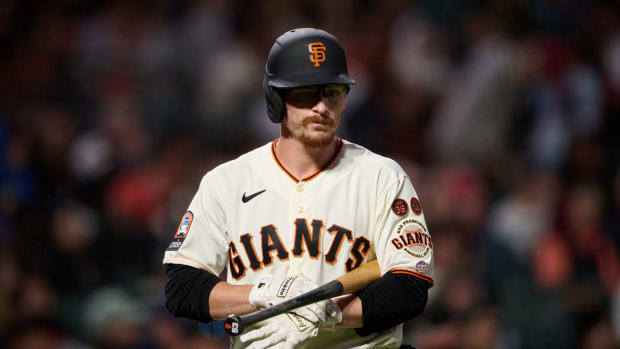 SF Giants outfielder Wade Meckler walks to the batter's box against the Tampa Bay Rays (2023).