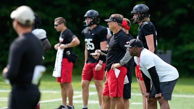 UC Bearcats Head Coach Scott Satterfield trains the team at the Bearcats Fall Camp at Higher Ground in Indiana on Friday August 11, 2023.