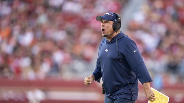 Denver Broncos head coach Sean Payton argues against the San Francisco 49ers during the third quarter at Levi's Stadium.