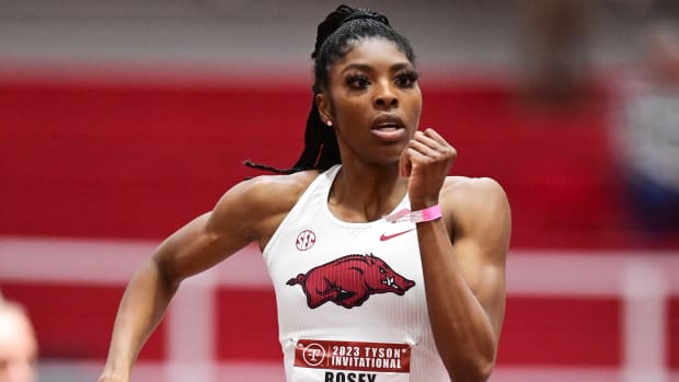 Arkansas Razorbacks sprinter Rosey Effiong at the 2023 Tyson Invitational