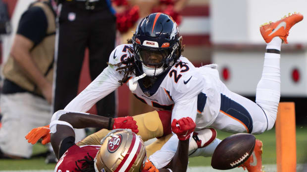 Denver Broncos cornerback Tremon Smith (23) defends against San Francisco 49ers wide receiver Chris Conley (17) during the third quarter at Levi's Stadium.