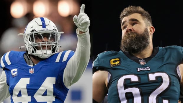 Colts linebacker Zaire Franklin reacts after a play. Eagles center Jason Kelce walks off the field after a win.