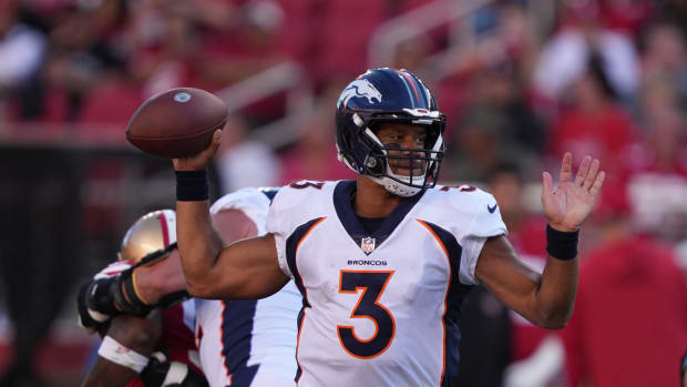 August 19, 2023; Santa Clara, California, USA; Denver Broncos quarterback Russell Wilson (3) passes the football against the San Francisco 49ers during the first quarter at Levi's Stadium.
