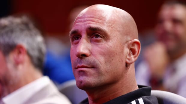 President of RFEF Luis Rubiales sits at a World Cup event.