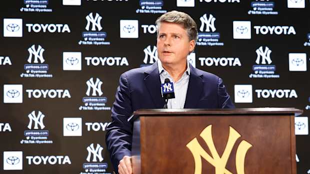 Dec 21, 2022; Bronx, New York, USA; Hal Steinbrenner during a press conference at Yankee Stadium. Mandatory Credit: Jessica Alcheh-USA TODAY Sports