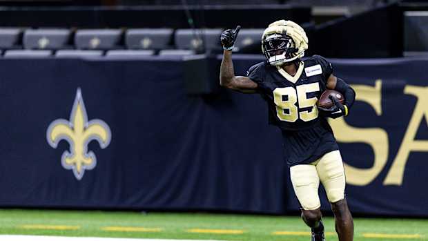 New Orleans Saints wide receiver Jontre Kirklin (85) works on receiver drills during training camp