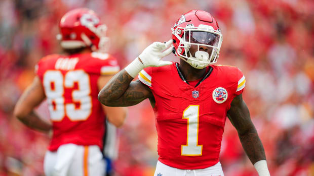 Aug 26, 2023; Kansas City, Missouri, USA; Kansas City Chiefs running back Jerick McKinnon (1) celebrates after a first down against the Cleveland Browns during the first half at GEHA Field at Arrowhead Stadium. Mandatory Credit: Jay Biggerstaff-USA TODAY Sports  