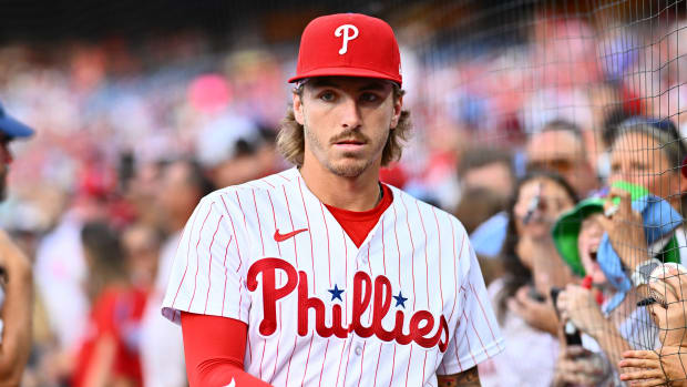 Aug 11, 2023; Philadelphia, Pennsylvania, USA; Philadelphia Phillies second baseman Bryson Stott (5) looks on before the game against the Minnesota Twins at Citizens Bank Park. Mandatory Credit: Kyle Ross-USA TODAY Sports