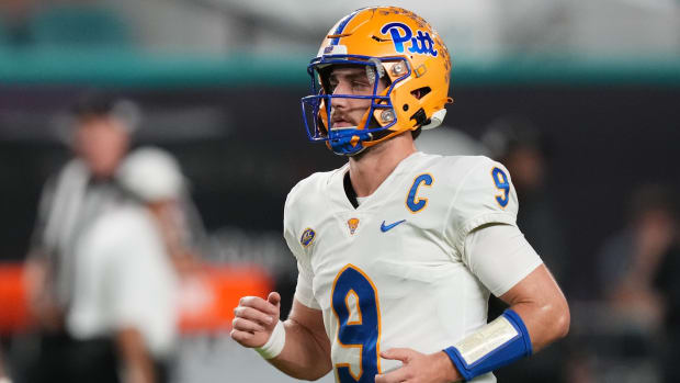 Nov 26, 2022; Miami Gardens, Florida, USA; Pittsburgh Panthers quarterback Kedon Slovis (9) warms up prior to the game against the Miami Hurricanes at Hard Rock Stadium. Mandatory Credit: Jasen Vinlove-USA TODAY Sports  