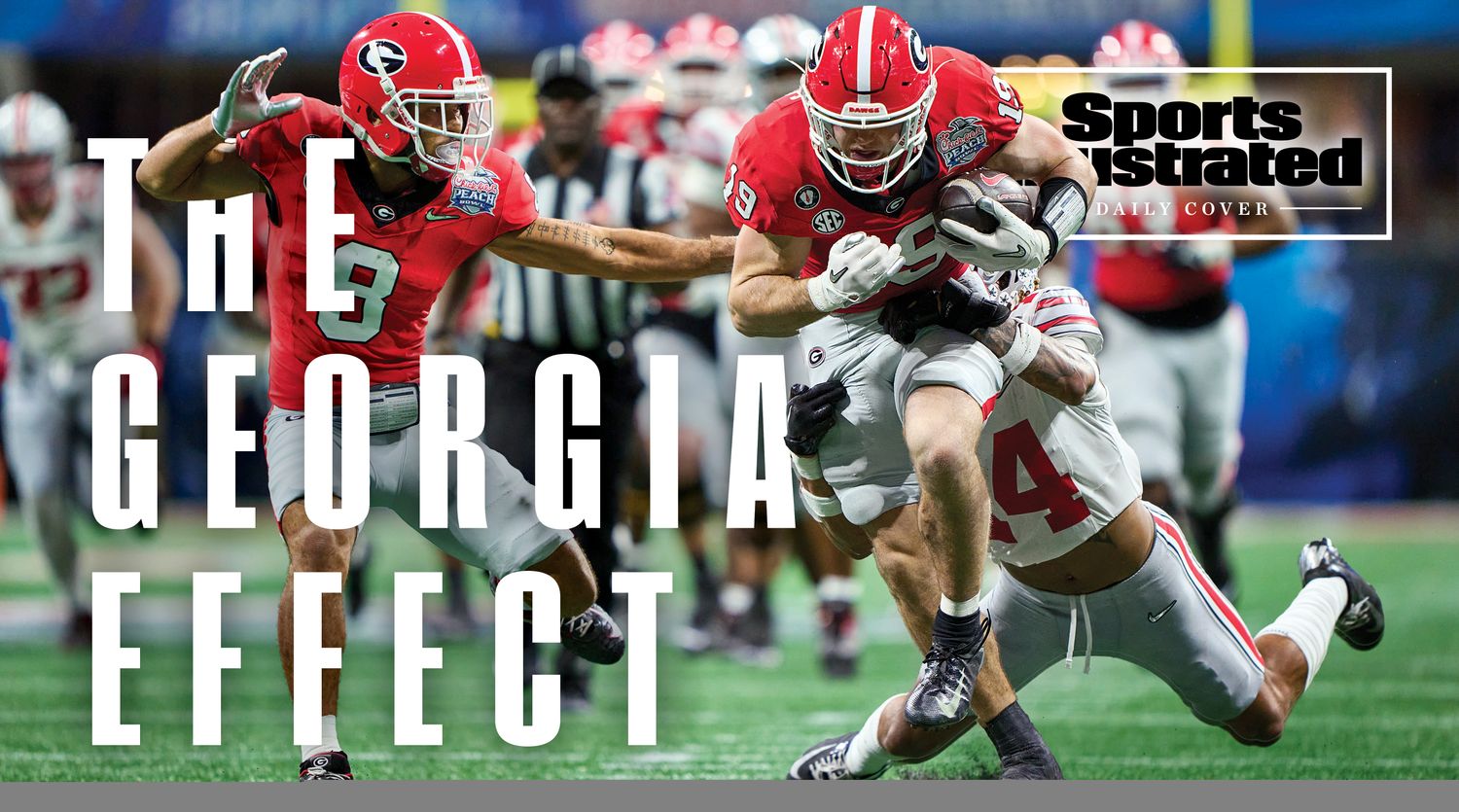 Georgia’s Brock Bowers barrels through the Ohio State defense.