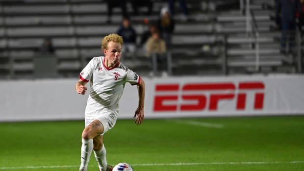 Dec 12, 2022; Cary, NC, USA; Indiana forward Samuel Sarver (9) with the ball in the first half at WakeMed Soccer Park. 