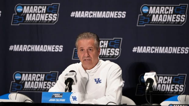 Mar 16, 2023; Greensboro, NC, USA; Kentucky Wildcats head coach John Calipari during a press conference at Greensboro Coliseum. Mandatory Credit: Bob Donnan-USA TODAY Sports