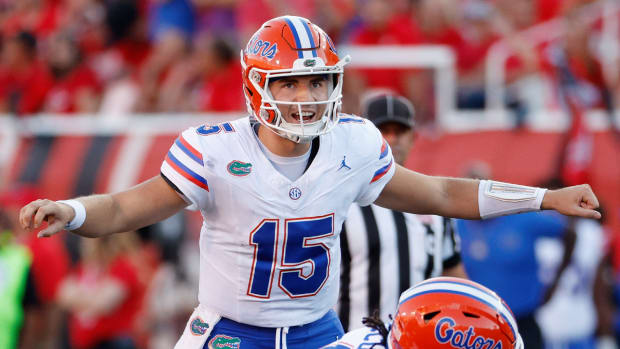 Florida quarterback Graham Mertz calls a play during a game vs. Utah.