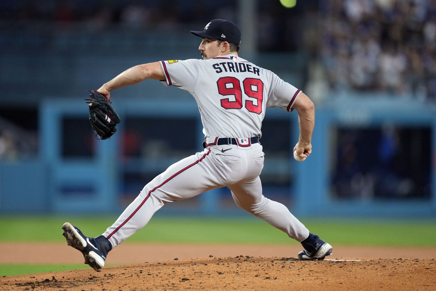 Aug 31, 2023; Los Angeles, California, USA; Atlanta Braves starting pitcher Spencer Strider (99) throws in the first inning against the Los Angeles Dodgers at Dodger Stadium.