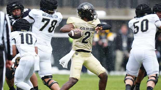 Apr 22, 2023; Boulder, CO, USA; Colorado Buffaloes quarterback Shedeur Sanders (12) prepares to pass during the first half of the spring game at Folsom Field