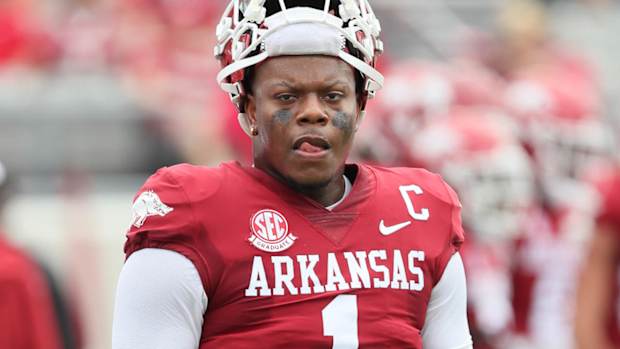 Razorbacks quarterback KJ Jefferson before game with Western Carolina in Little Rock