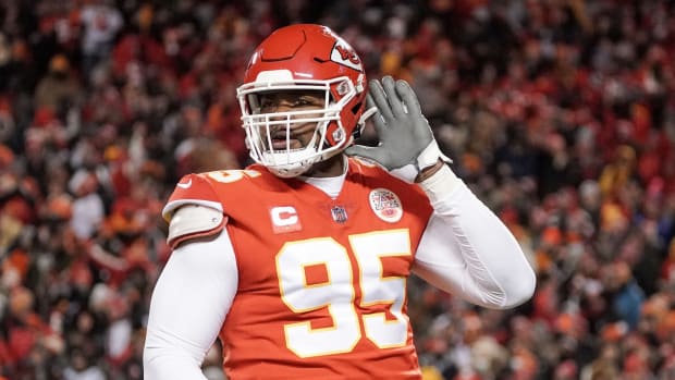 Jan 29, 2023; Kansas City, Missouri, USA; Kansas City Chiefs defensive tackle Chris Jones (95) celebrates against the Cincinnati Bengals after a play during the AFC Championship game at GEHA Field at Arrowhead Stadium. Mandatory Credit: Denny Medley-USA TODAY Sports