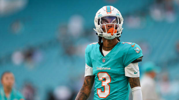 Aug 11, 2023; Miami Gardens, Florida, USA; Miami Dolphins wide receiver Robbie Chosen (3) warms up before a game against the Atlanta Falcons at Hard Rock Stadium. Mandatory Credit: Nathan Ray Seebeck-USA TODAY Sports
