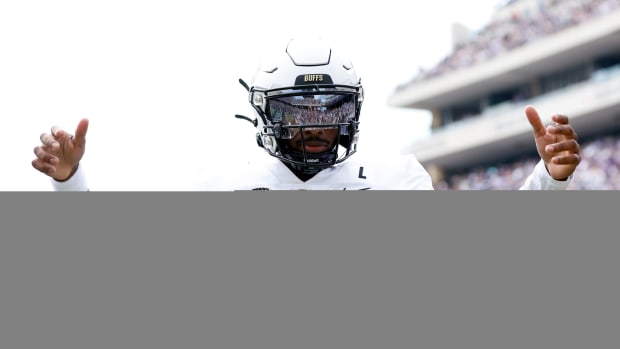 Colorado Buffaloes quarterback Shedeur Sanders (2) celebrates a touchdown in the first quarter against the TCU Horned Frogs at Amon G. Carter Stadium