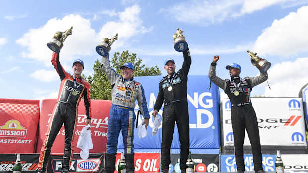 Here's your U.S. Nationals winners Monday at Lucas Oil Raceway in suburban Indianapolis (from left): Matt Smith (Pro Stock Motorcycle), Ron Capps (Funny Car), Matt Hartford (Pro Stock) and Antron Brown. Photo courtesy NHRA.