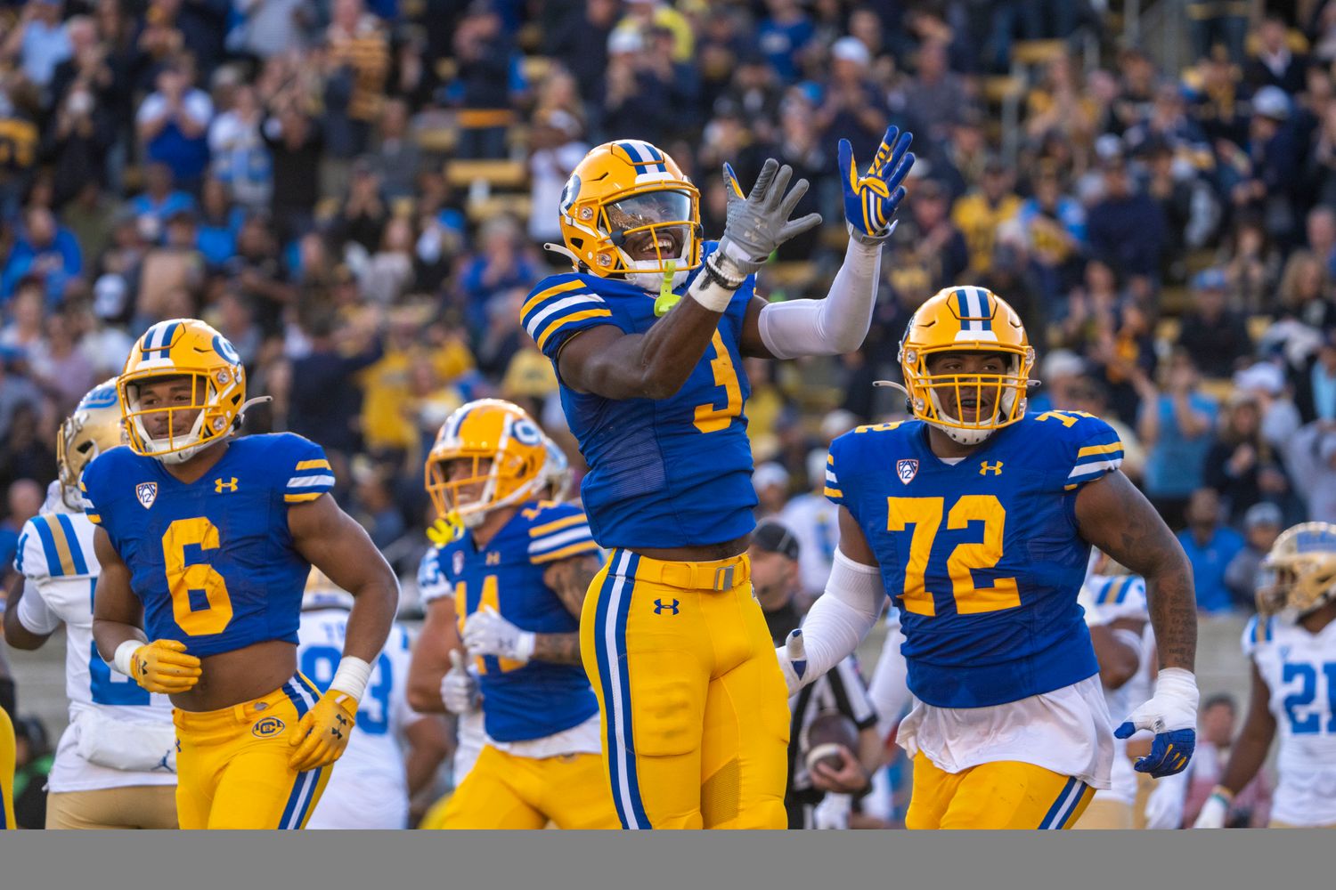 November 25, 2022; Berkeley, California, USA; California Golden Bears wide receiver Jeremiah Hunter (3) celebrates after scoring a touchdown against the UCLA Bruins during the second quarter at California Memorial Stadium. Mandatory Credit: Kyle Terada-USA TODAY Sports  