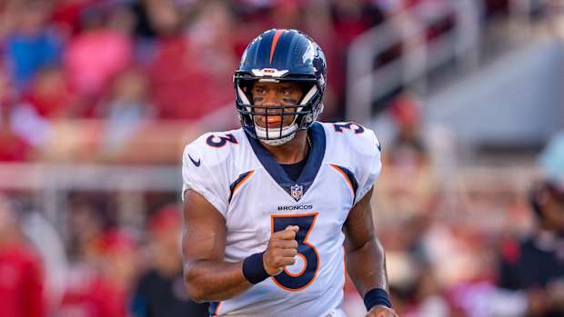August 19, 2023; Santa Clara, California, USA; Denver Broncos quarterback Russell Wilson (3) during the first quarter against the San Francisco 49ers at Levi's Stadium.