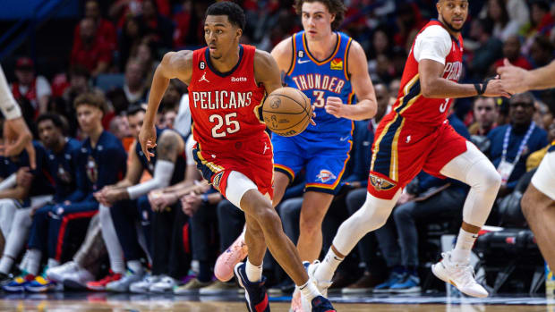 Pelicans guard Trey Murphy III brings the ball up the floor.
